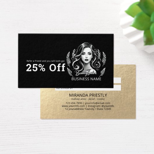 Make-up Artiest Haar Stylist Modern Zwart Wit Goud Visitekaartje (Bureau)