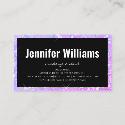 Make-up Artiest Holografische Glitter Script Paars Visitekaartje (Achterkant)