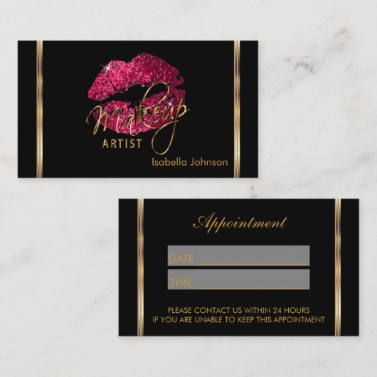 Make-up artiest Hot Pink Glitter Lips Afspraak Afsprakenkaartje (Voorkant / Achterkant)