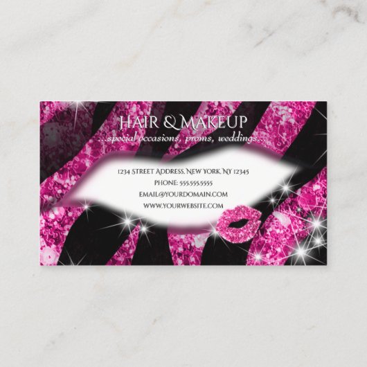 Make-up Artiest Hot Pink Glitter Lips Zebra Print Visitekaartje (Achterkant)