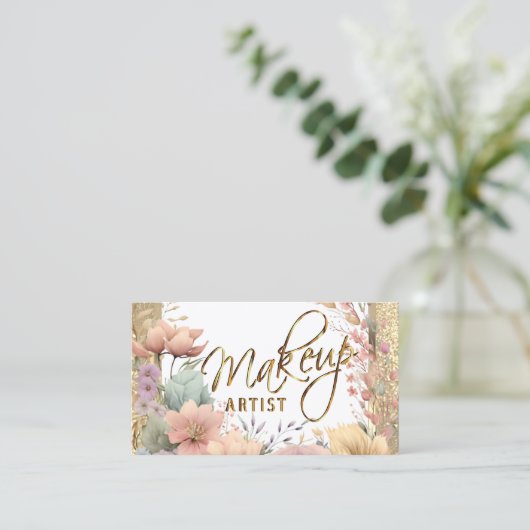 Make-up Artiest in Bloemen en Gouden Glitter Visitekaartje (Staand voorkant)