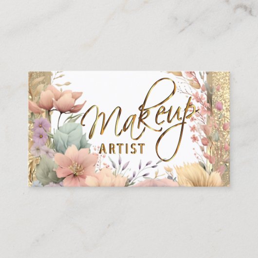 Make-up Artiest in Bloemen en Gouden Glitter Visitekaartje (Voorkant)