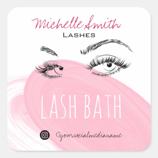 Make-up Artiest Lashes Brows Zwart Roze Lash Bad Vierkante Sticker (Voorkant)