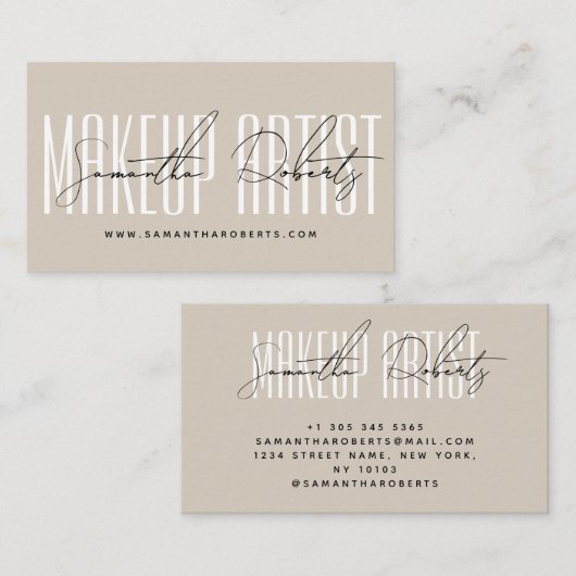 Make-up artiest moderne typografie script beige visitekaartje (Voorkant / Achterkant)