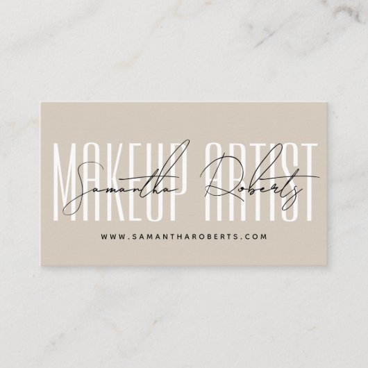 Make-up artiest moderne typografie script beige visitekaartje (Voorkant)