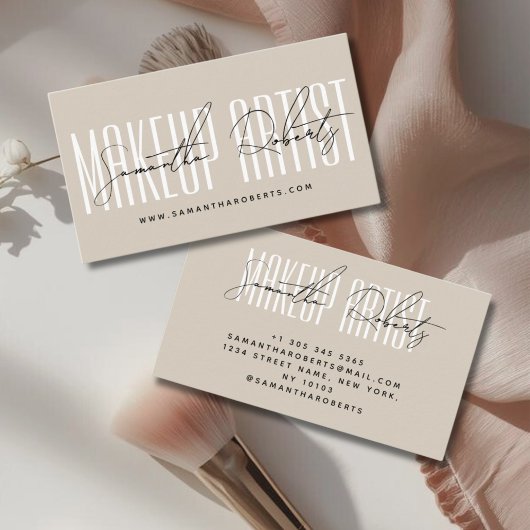 Make-up artiest moderne typografie script beige visitekaartje