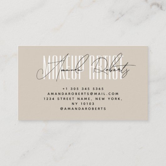 Make-up artiest moderne typografie script beige visitekaartje (Achterkant)