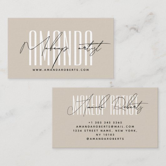 Make-up artiest moderne typografie script beige visitekaartje (Voorkant / Achterkant)