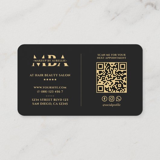 Make-up Artiest Monogram Elegant Zwart Modern Visitekaartje (Achterkant)