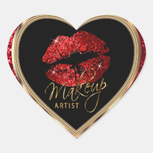 Make-up Artiest Red Glitter Love Lips en Gold Font Hart Sticker