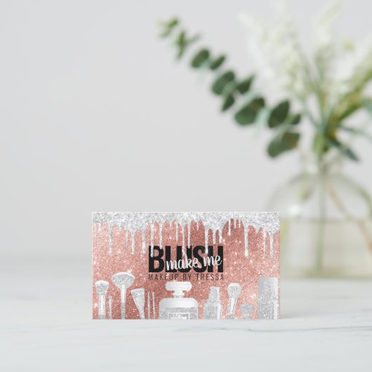 Make-up Artiest Roos Gouden Glitter + Platina Drip Visitekaartje (Staand voorkant)