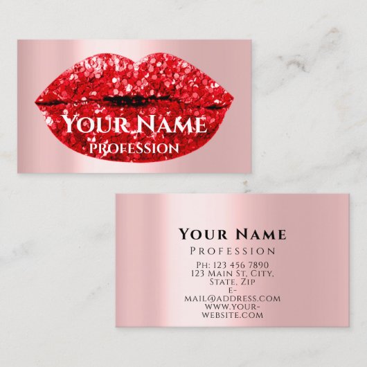 Make-up Artiest Roos Kiss Lips Rood Glam Glitter Visitekaartje (Voorkant / Achterkant)