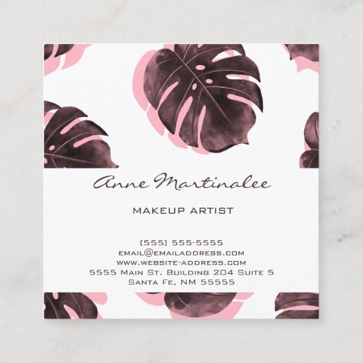 Make-up Artiest Roze en Zwart Monstera Leaf Vierkante Visitekaartje (Achterkant)
