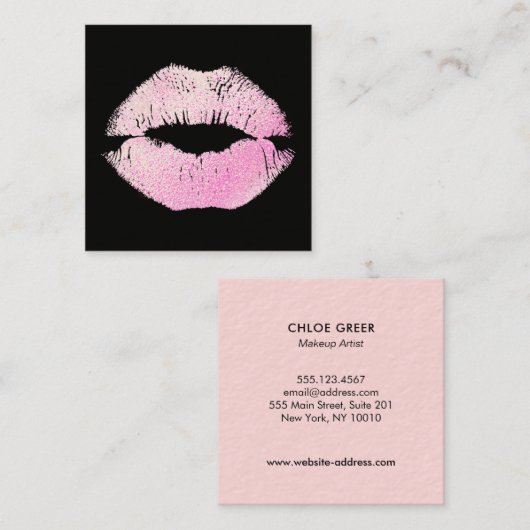 Make-up Artiest Roze Glitter Kissing Lips Square Vierkante Visitekaartje (Voorkant / Achterkant)