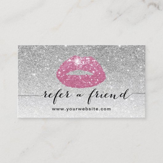 Make-up Artiest Roze Lippen Zilveren Glitter Verwi Aanbevelingskaartje (Voorkant)