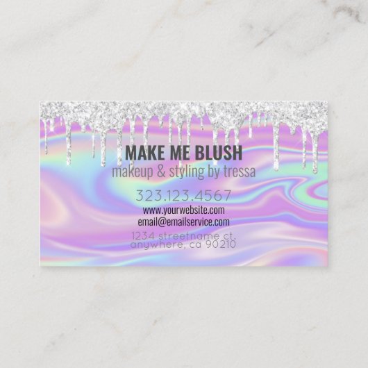 Make-up artiest zilveren glitter druppel iriserend visitekaartje (Achterkant)