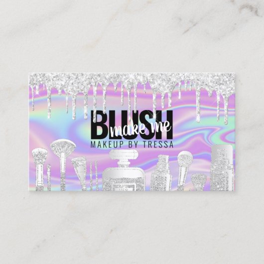 Make-up artiest zilveren glitter druppel iriserend visitekaartje (Voorkant)