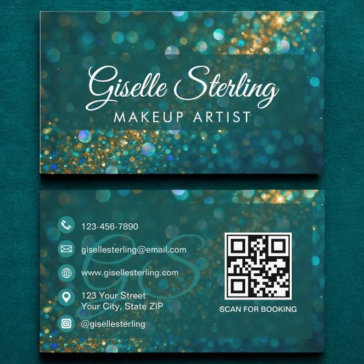 Make-up Artist Blauwgroen Gouden Glitter Opal QR-c Visitekaartje