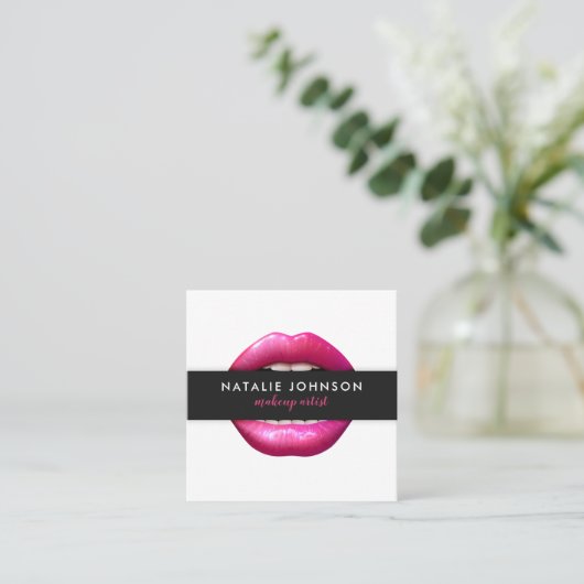 Make-up artist fuchsia lippen moderne witte schoon vierkante visitekaartje (Staand voorkant)