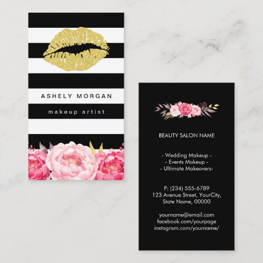 Make-up Artist Gold Lips Moderne Floral Deco Strip Visitekaartje (Voorkant / Achterkant)