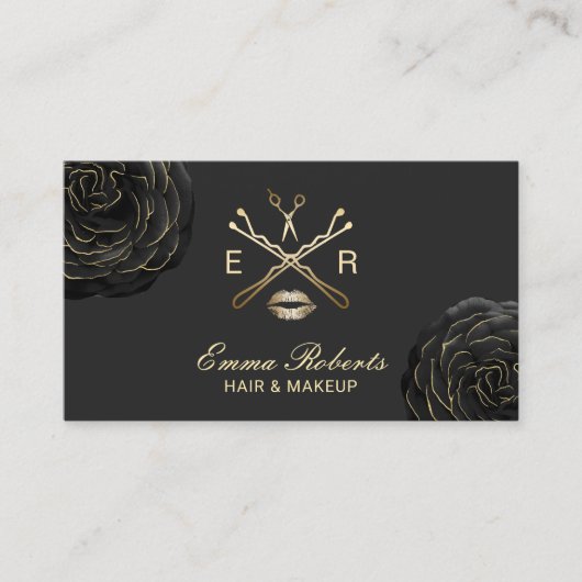 Make-up Artist Hair Stylist Elegant Black Floral Visitekaartje (Voorkant)