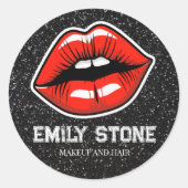 Make-up artist rode lippen met glitter ronde sticker (Voorkant)