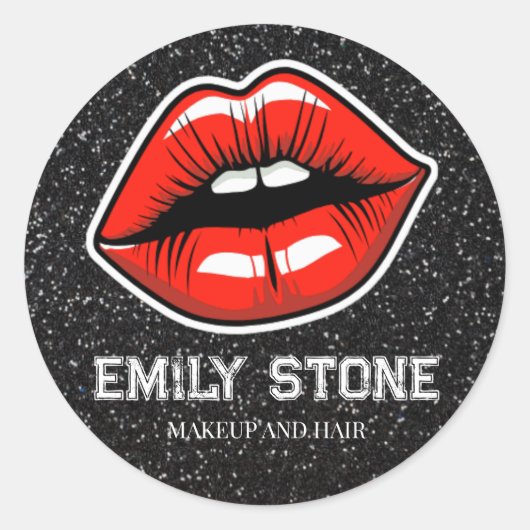 Make-up artist rode lippen met glitter ronde sticker (Voorkant)