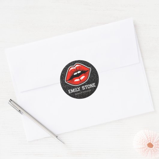 Make-up artist rode lippen met glitter ronde sticker (Envelop)