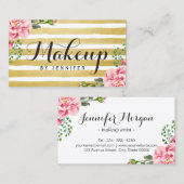 Make-up Artist Script Classy Floral Goud Gestreept Visitekaartje (Voorkant / Achterkant)
