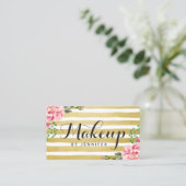 Make-up Artist Script Classy Floral Goud Gestreept Visitekaartje (Staand voorkant)