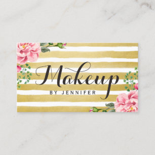Make-up Artist Script Classy Floral Goud Gestreept Visitekaartje