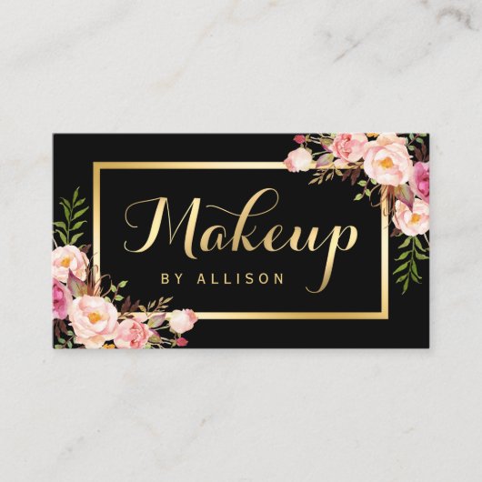 Make-up Artist Zwart Goud Script Floral Wrap Visitekaartje (Voorkant)