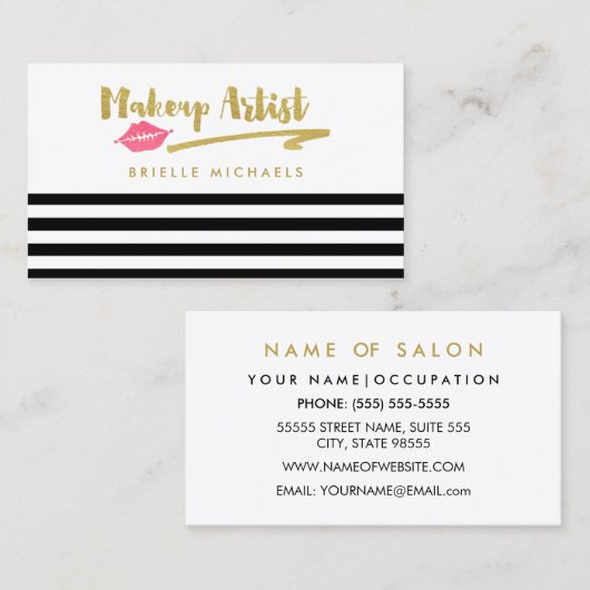 Make-up artist zwart witte strepen met roze lippen visitekaartje (Voorkant / Achterkant)