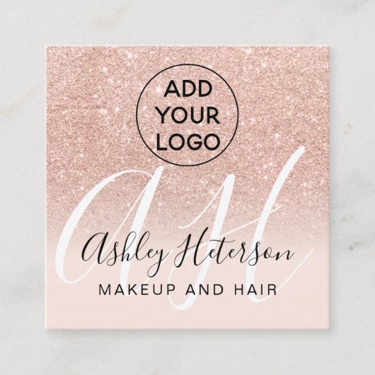 Make-up blush roos gouden glitter logo monogram vierkante visitekaartje (Voorkant)
