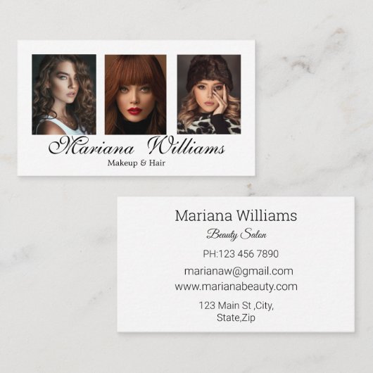 Make-up en haar 3 foto's Schoonheidssalon Visitekaartje (Voorkant / Achterkant)