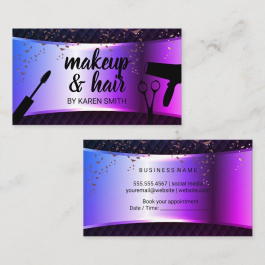 Make-up en haar | Paarse Metallic Banner Mesh Afsprakenkaartje (Voorkant / Achterkant)