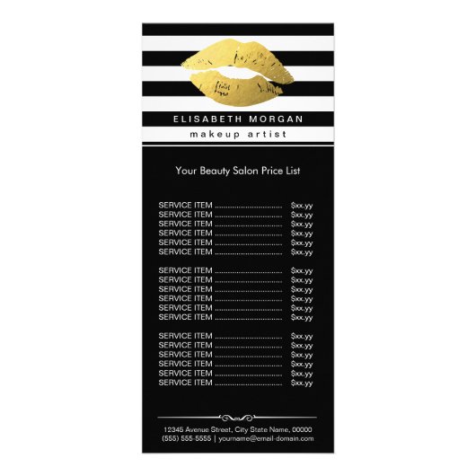 Make-up gouden lippen zwart witte strepen prijslij reclamekaart (Voorkant)