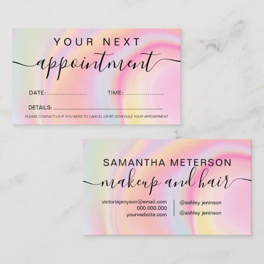 Make-up haar roze girly regenboog eenhoorn marmer afsprakenkaartje (Voorkant / Achterkant)