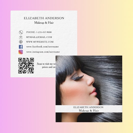 Make-up haarfoto QR code social media premium Vierkante Visitekaartje