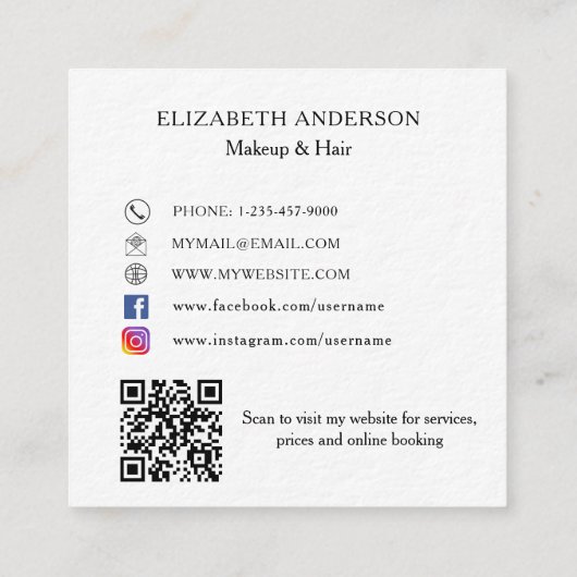 Make-up haarfoto QR code social media premium Vierkante Visitekaartje (Achterkant)