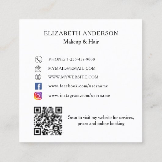 Make-up haarfoto QR code sociale media Vierkante Visitekaartje (Achterkant)