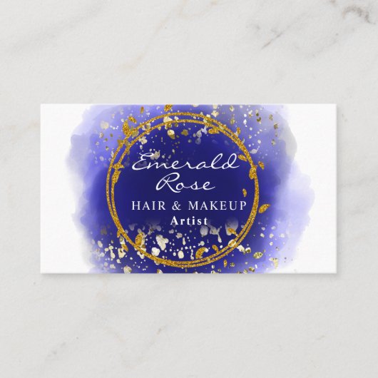 Make-up & Hair Stylist Artist Script blauw en goud Visitekaartje (Voorkant)