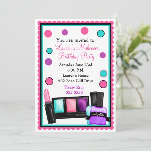 make-up make over Birthday-uitnodigingen Kaart (Staand voorkant)