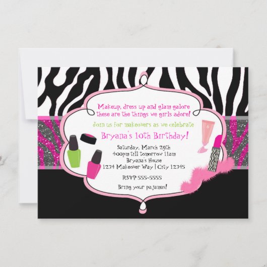 Make-up Makeover Zebra Verjaardagsfeest Uitnodigin Kaart (Voorkant)