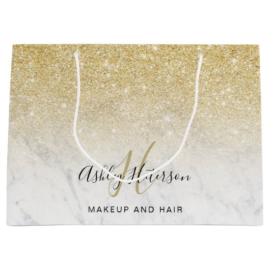 Make-up monogram marmer gouden glitterscript groot cadeauzakje (Voorkant)