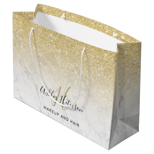 Make-up monogram marmer gouden glitterscript groot cadeauzakje (Achterkant Gekanteld)