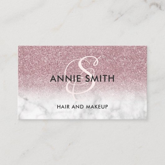 Make-up Monogram Marmer Roze Goud Glitter Ombre Visitekaartje (Voorkant)