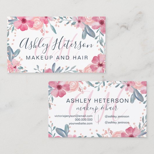 Make-up monogram script voorjaar bloemige waterver visitekaartje (Voorkant / Achterkant)