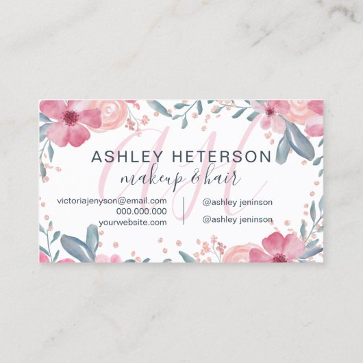 Make-up monogram script voorjaar bloemige waterver visitekaartje (Achterkant)