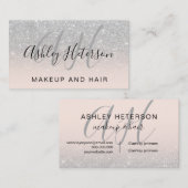 Make-up monogrammed roze zilveren glitter script visitekaartje (Voorkant / Achterkant)